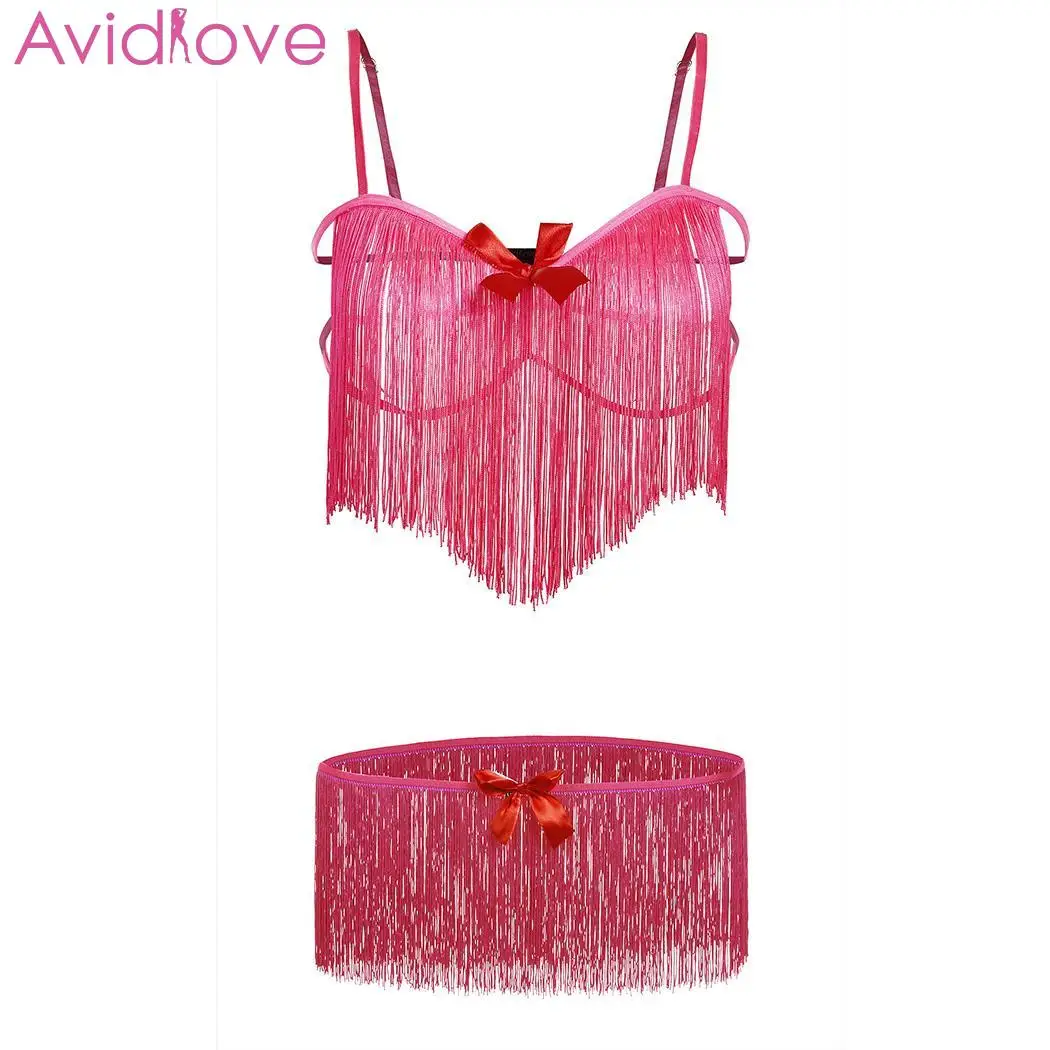 rose red Avidlove, женский открытый бюстгальтер, сексуальный комплект, эластичная бахрома, сексуальный костюм, нижнее белье, Веселый ремень, Экзотическая одежда - Цвет: rose red