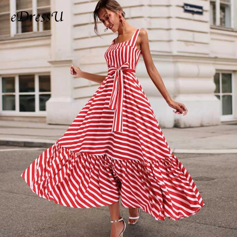 Летнее платье в красную полоску, винтажное платье миди, Vestido Robe, женское платье макси, одежда для отдыха, офиса, на каждый день, eDressU MXN-1833