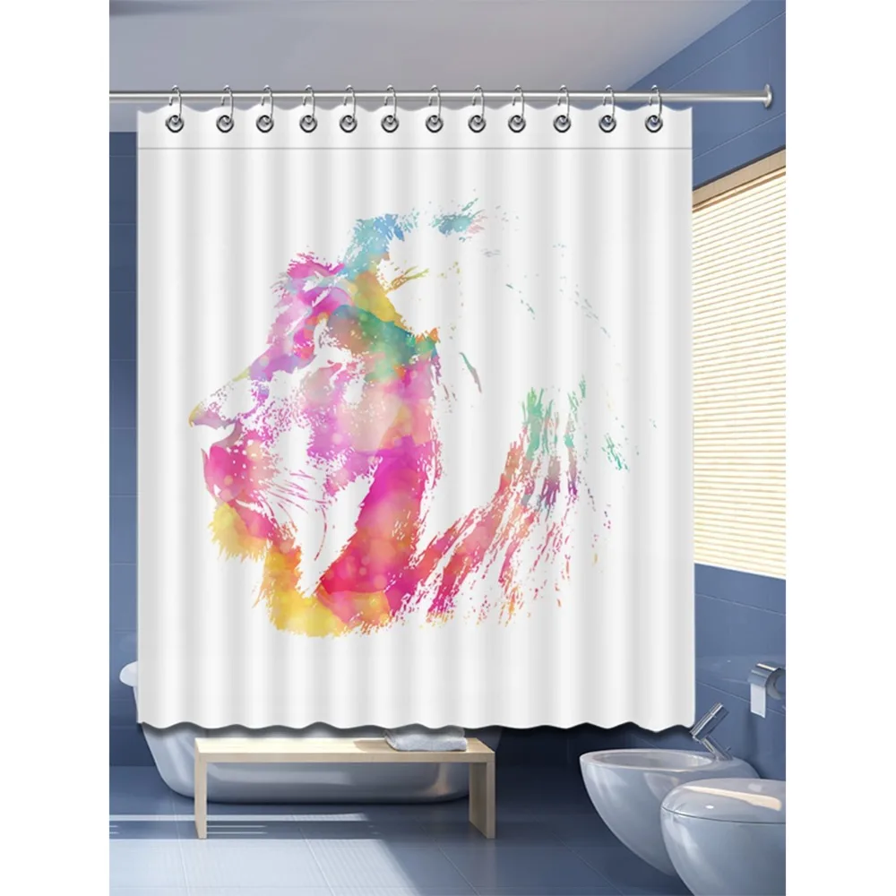 

72'' Freehand Sketching Colorful Lion Vivid Bathroom Waterproof Fabric Shower Curtain Polyester 12 Hooks Bath Accessory Sets