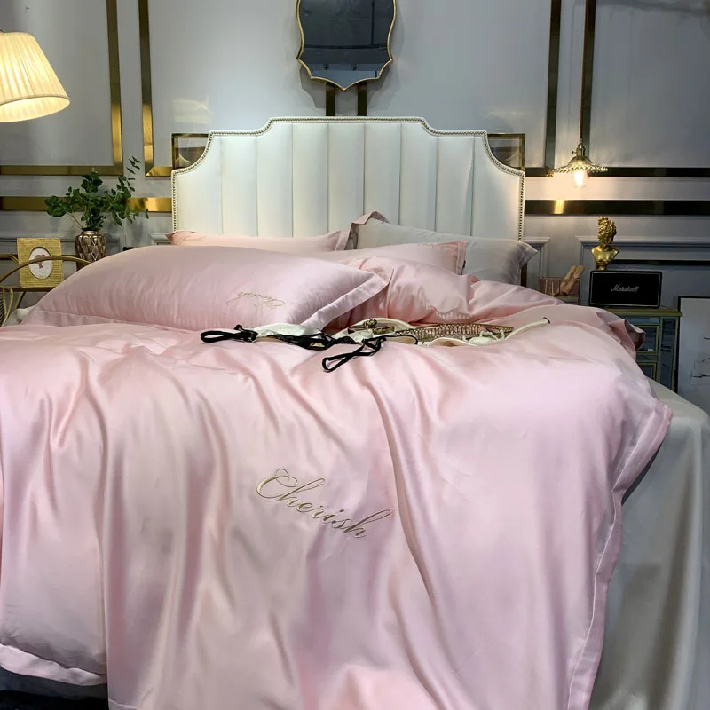 Белый фиолетовый розовый серый роскошный удобный 100S Tencel Шелковый набор постельного белья с вышивкой пододеяльник кровать застежки для простыни льняной чехол для подушки