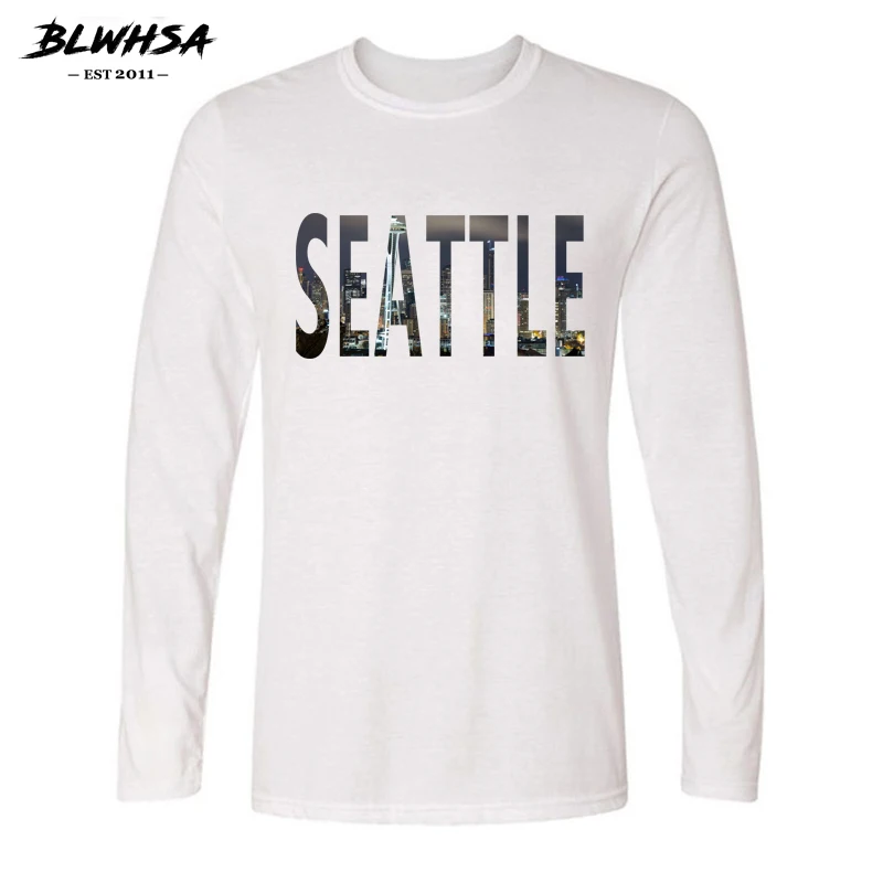 Фото BLWHSA USA City Seattle дизайнерская модная мужская футболка с длинным рукавом и круглым BLWHSA USA City Seattle дизайнерская модная мужская футболка с длинным рукавом и круглым