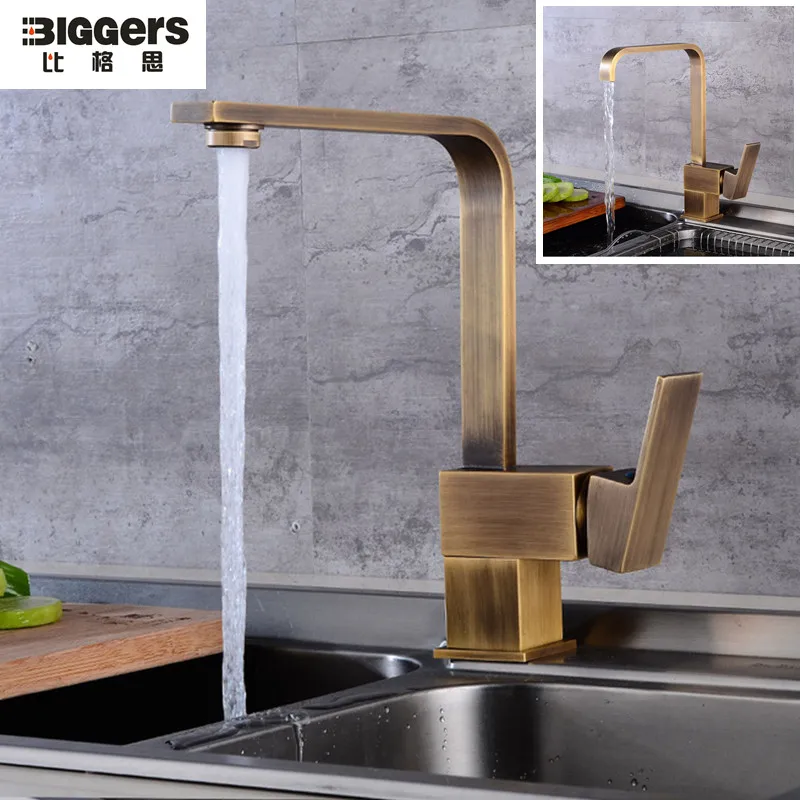 Бесплатная доставка роскошный медный кухонный кран Biggers поворотный с античной