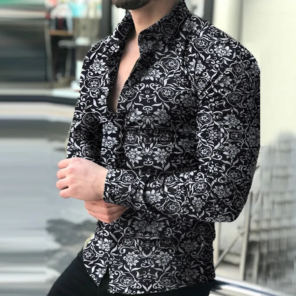 Black 2 Мужская рубашка осень плюс размер Slim Fit рубашки мышцы с длинным рукавом цветочным принтом Мужская блузка Cothing Camisa Social Прямая C - Цвет: Black 2