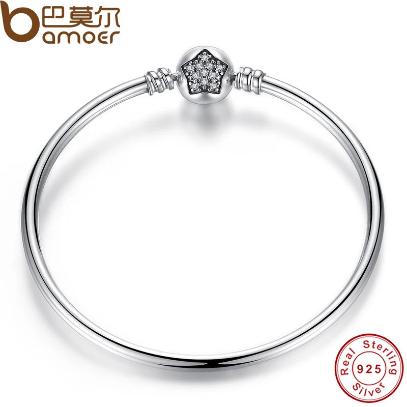 BAMOER Authentic 925 Sterling Silver Snake Chain Bangle& Bracelet Pave Star Cubic Zirconia CZ Jewelry PAB001