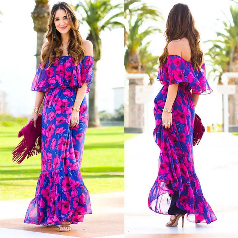 Платье женское Пляжное шифоновое длинное с цветным узором|Женские платья| |