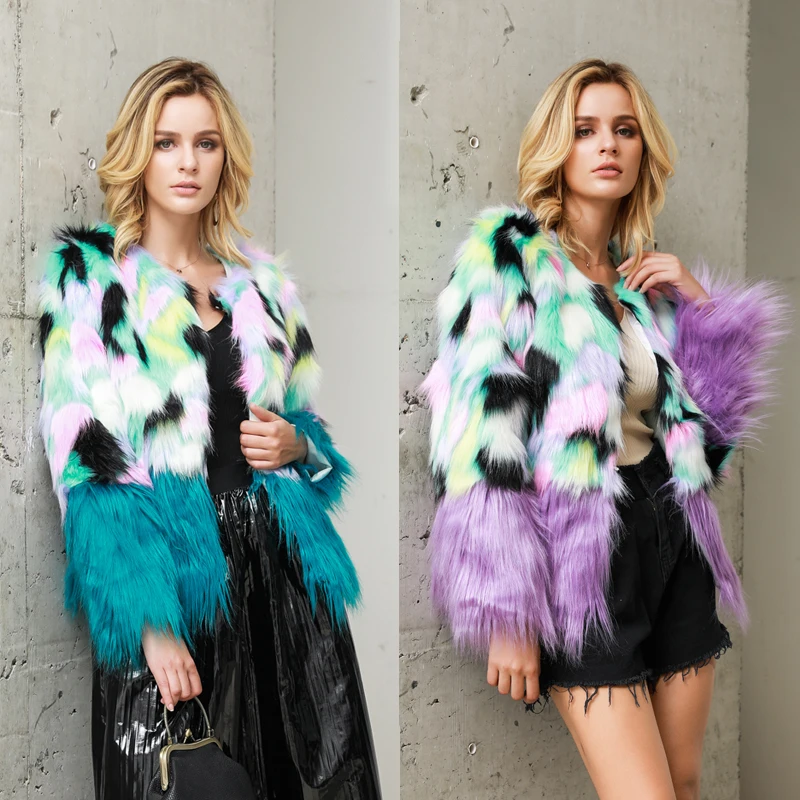 Красочное пальто для женщин зима осень искусственный мех Толстая теплая