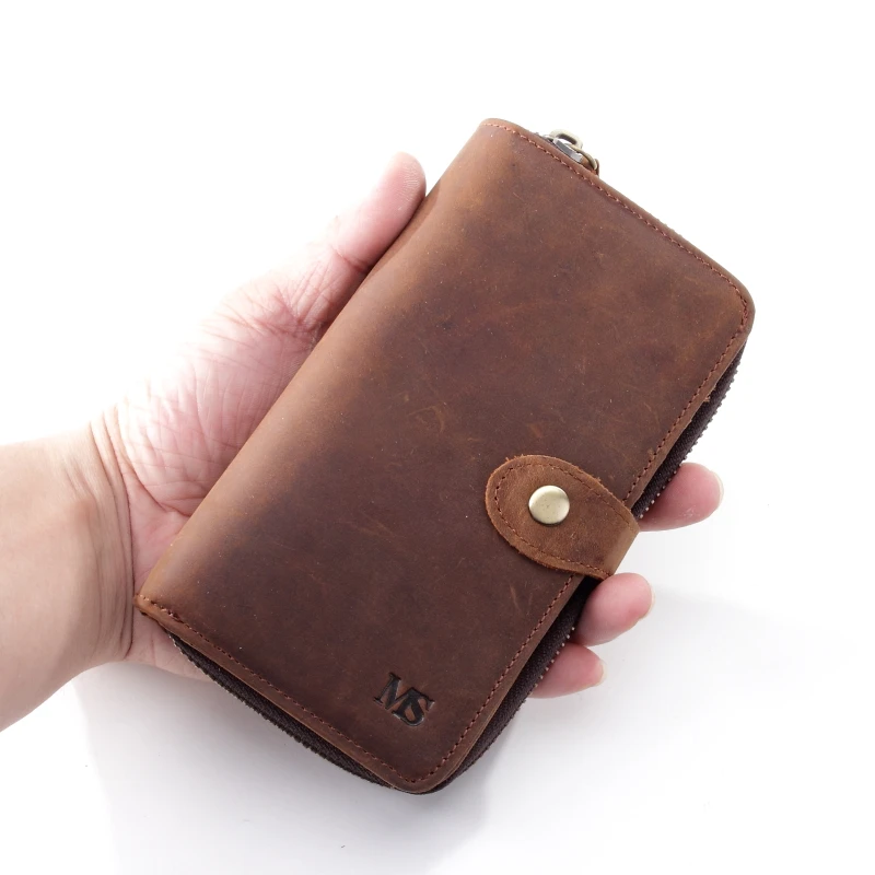

MS High Capacity Men Crazy Horse Genuine Leather Card Wallet Hipster Purse Checkbook Cash Receipt Holder Hasp Coin Wallet Q320