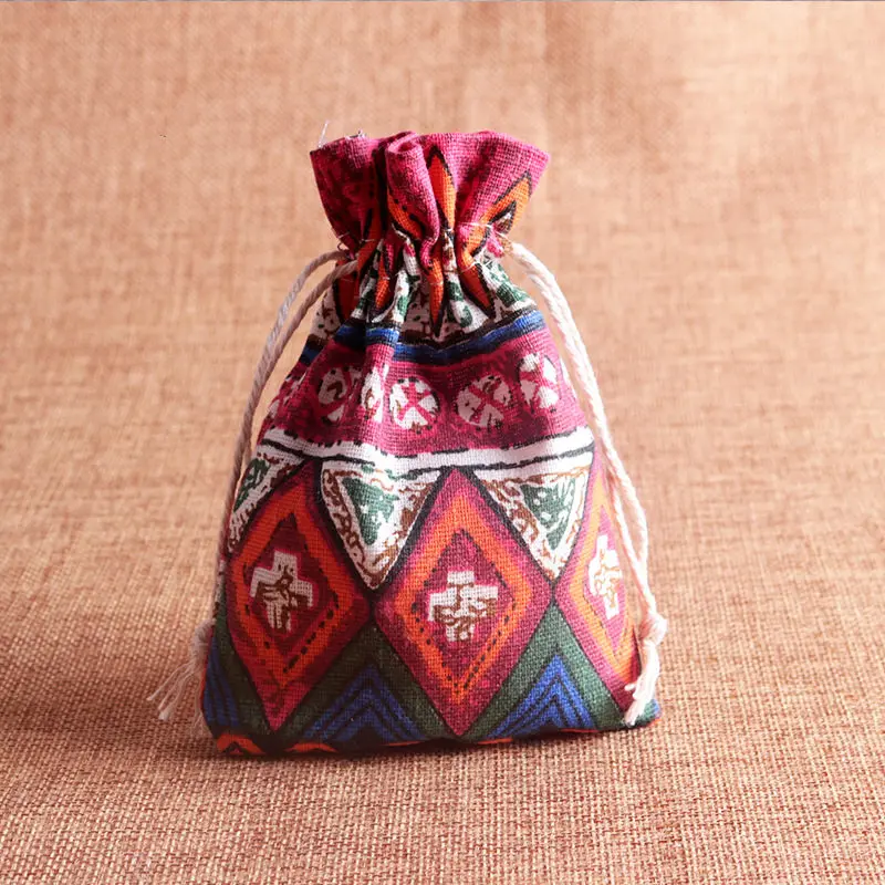 

10x14cm Ethnic Linen Cotton Jewelry Pouch Gift Necklace Earrings Bracelet Packaging Bag Tribal Jute Gift Wedding Party Favor Bag