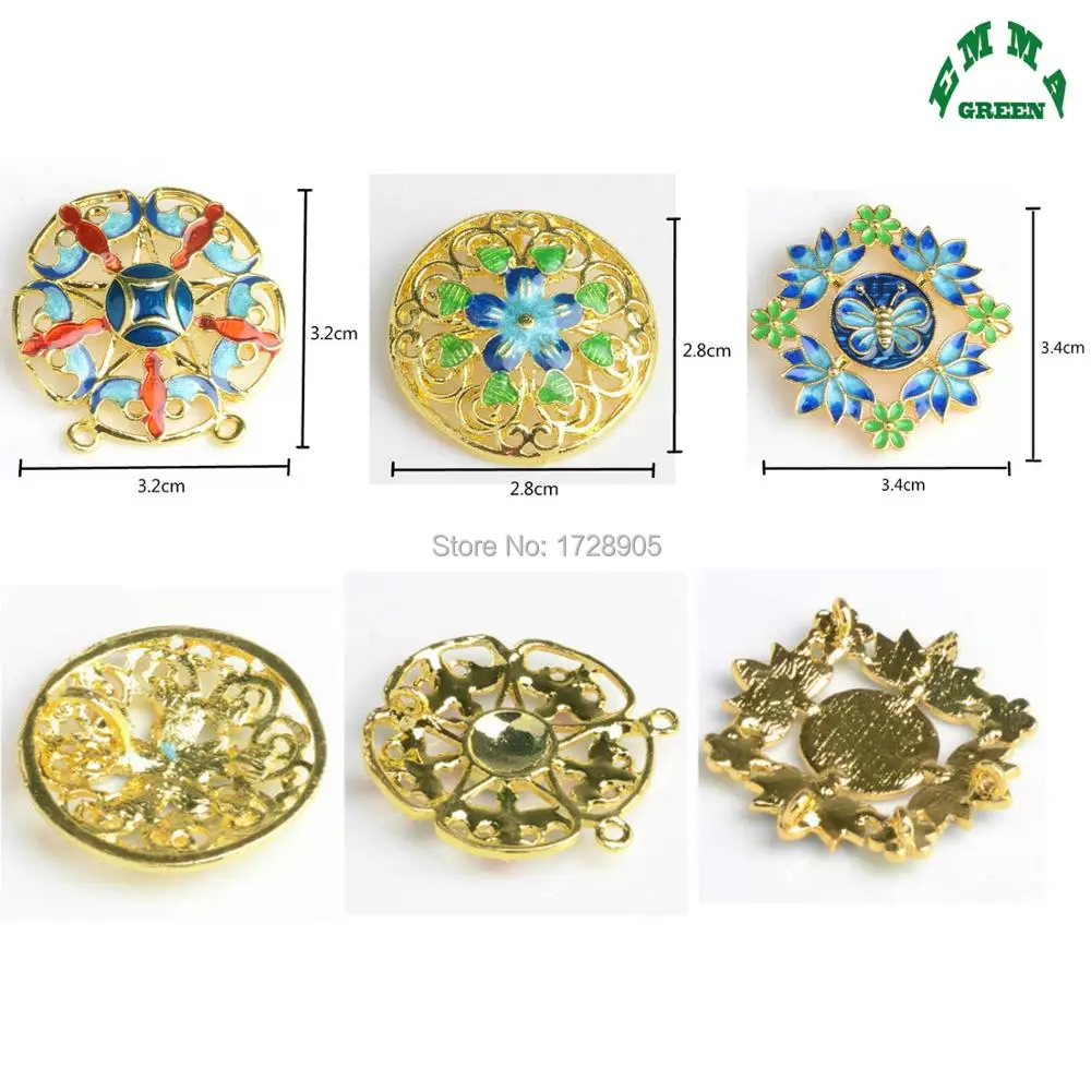 Ethnic Enamel round Flower Ornaments 5pcs 32mm Gold Color Flora Boutique Bouquet Charm Pendant with Back Hole