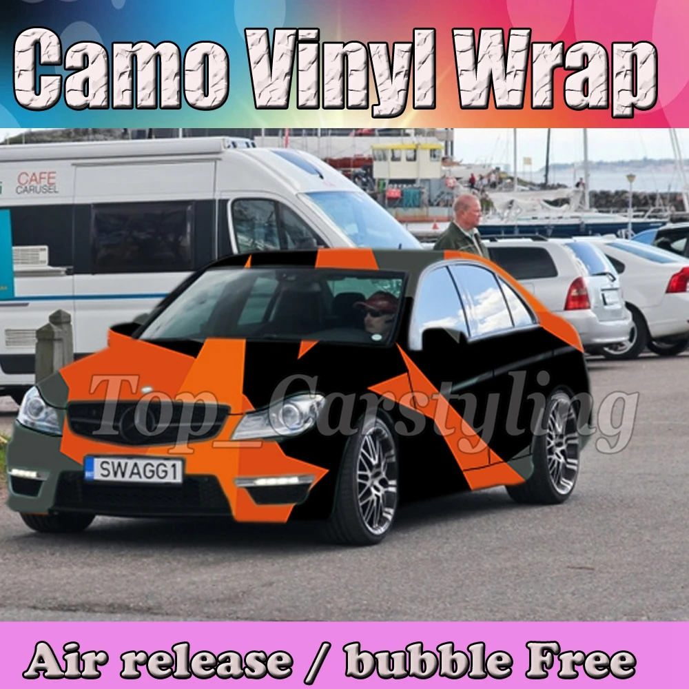 Камуфляжная виниловая черно-серая и оранжевая камуфляжная пленка без пузырьков