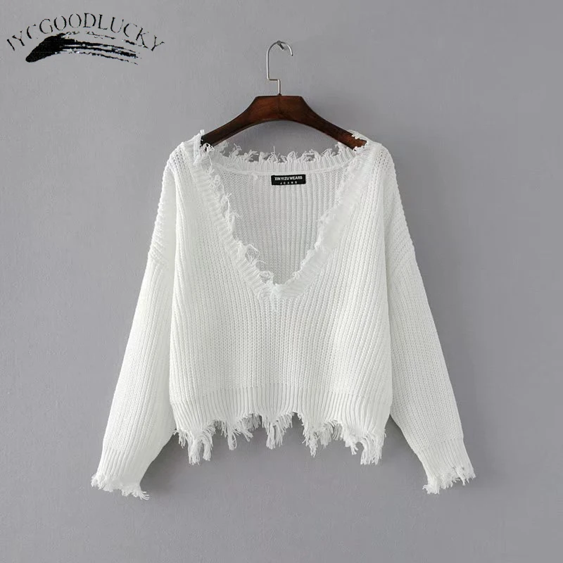 New Fashion 2019 Pullover Ripped Hole Sweaters Loose Jumper Casual White Sweater Women Knitting Pull Long Sleev | Женская одежда