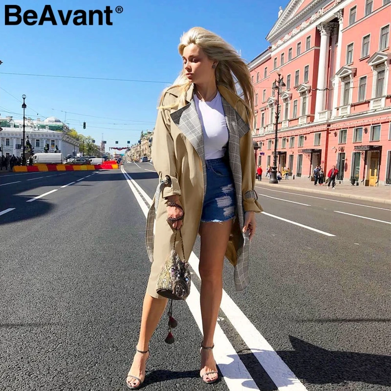 BeAvant отложной воротник сшивание Женский Тренч винтажное клетчатое осенне зимнее