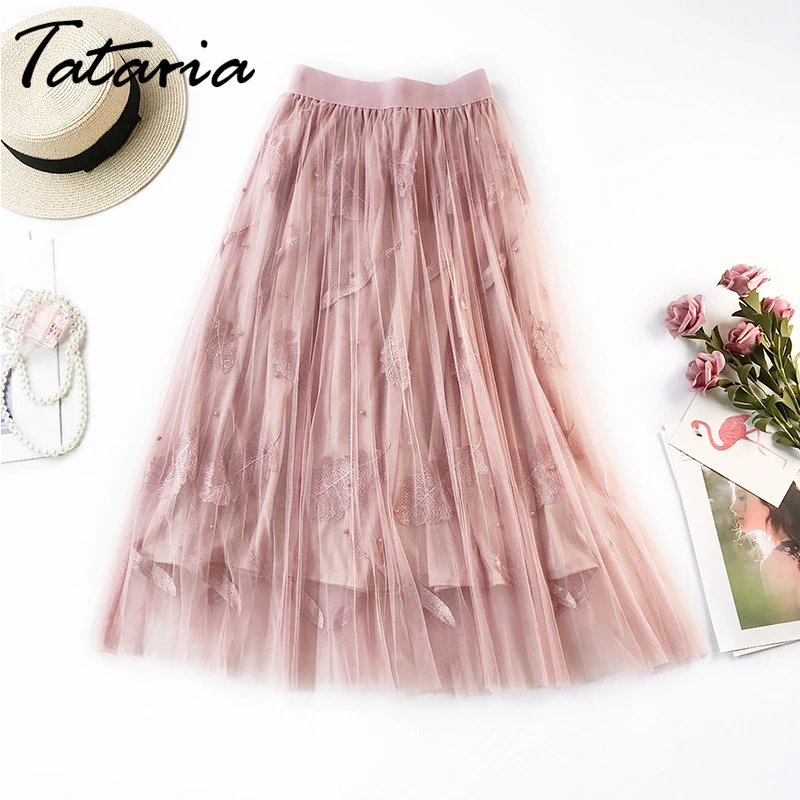 Женская длинная Тюлевая юбка тату розовая плиссированная до колена с высокой