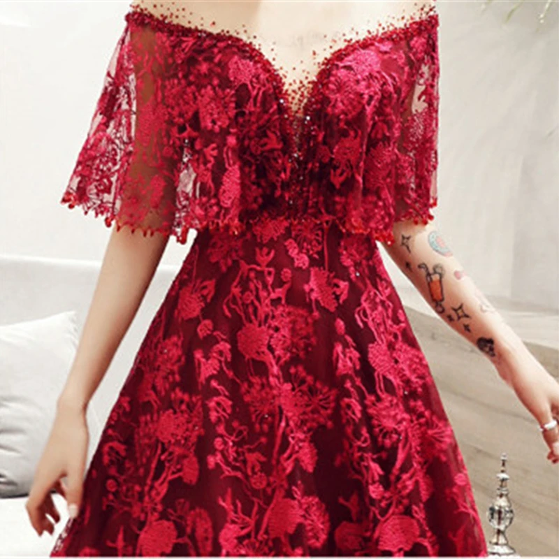 

Plus Size Evening Dresses Sexy V-neck Crystal Short Sleeve Prom Dress Royal Embroidery Lace Up Illusion A-line Party Gowns E360