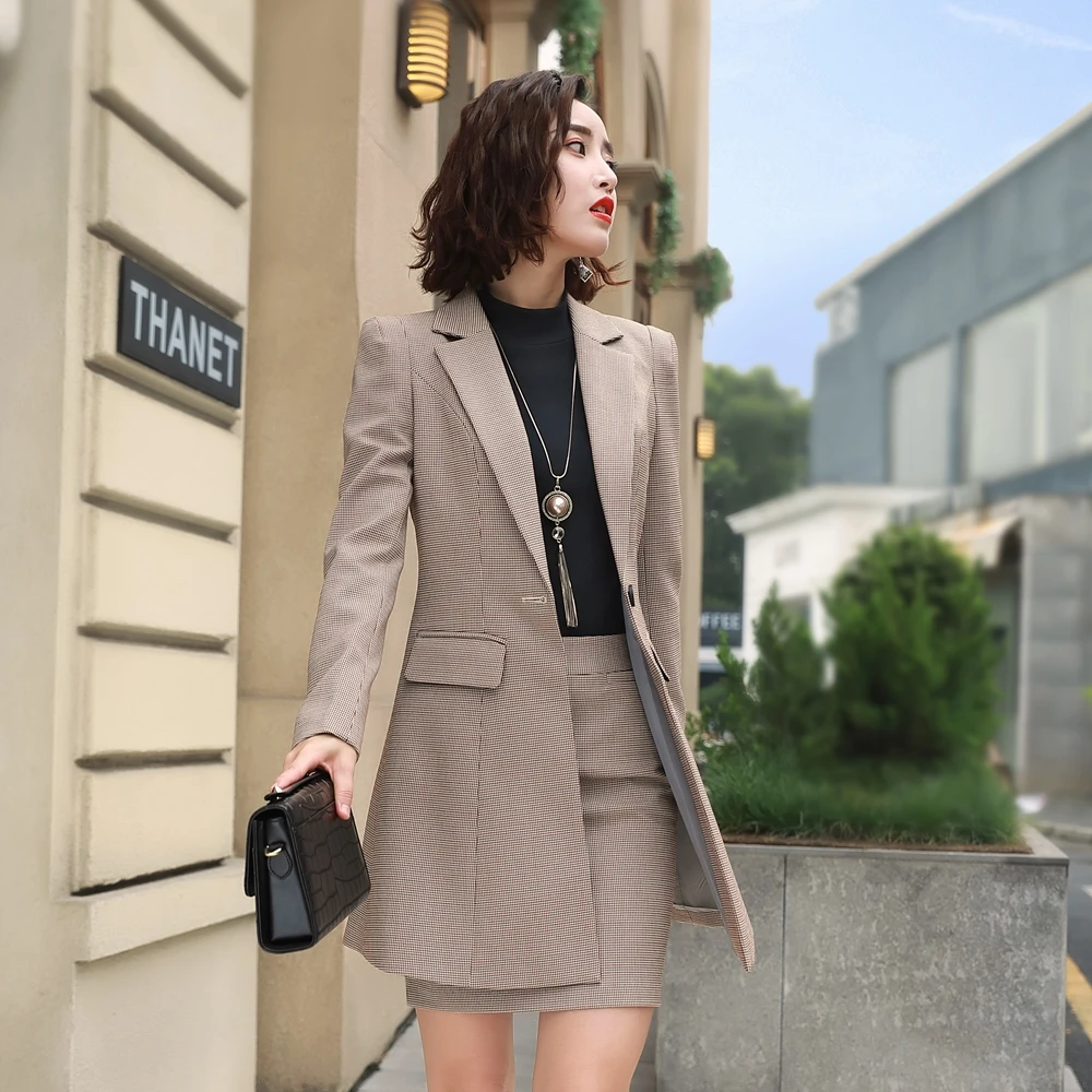 Fmasuth Ladies Office Outfits Autumn Spring Full Sleeve Plaid Jacket Skirt Suit for Women Costume XR18QYC9313 | Женская одежда