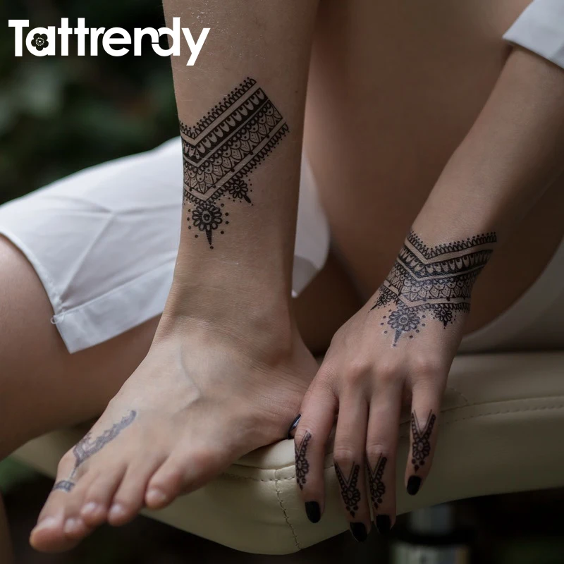 Tattrendy Горячая черно-белая хна татуировки наклейки флэш временные водонепроницаемые кружева вдохновили тело индийская рука бабочка Ловец снов
