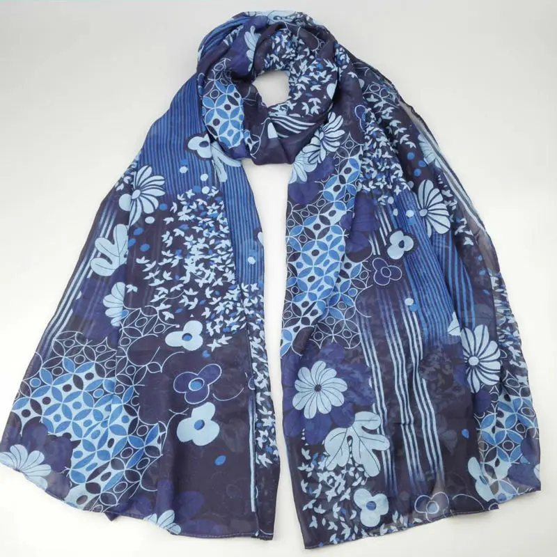 [Видимые оси] Большой размеры цветочный шифоновый шарф 2017 женская обувь синий