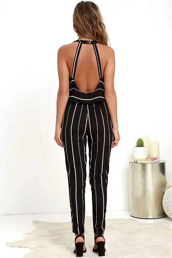 Женские комбинезоны 2017 летние повседневные черные белые в полоску без рукавов с