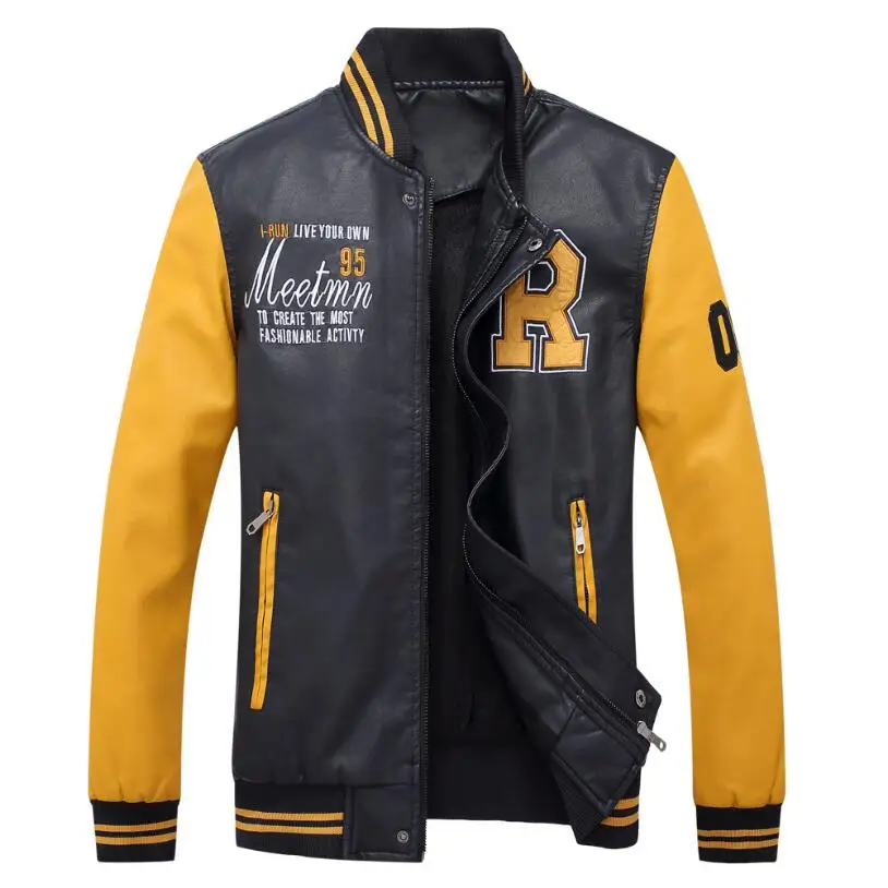 

Men Slim Leather Jackets Baseball jackets PU Coats Good Quality Man Autumn Bomber PU Jackets New Male Warm Jackets Size 4XL