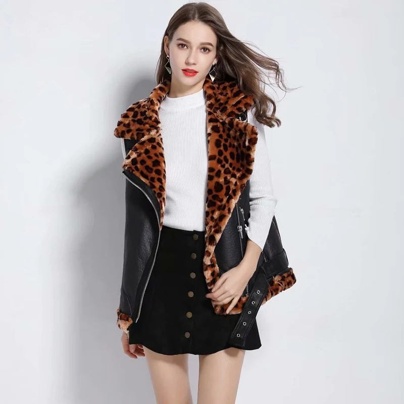 Fitaylor Autumn Winter Turn-down Collar Vest Faux Soft Leather Lambs Jacket Coat Women Leopard Print Black Punk Bomber Outerwear | Женская