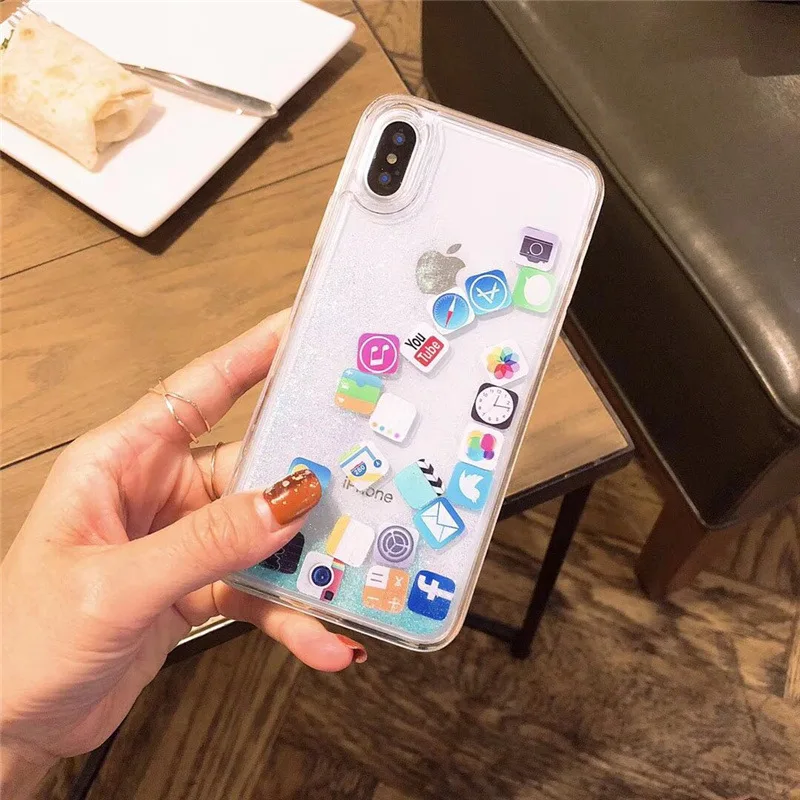 Flashing Dynamic Liquid Quicksand Back Case for iPhone X 8 7 6 6S Plus Transparent TPU Application Icons Phone Cute Cover |