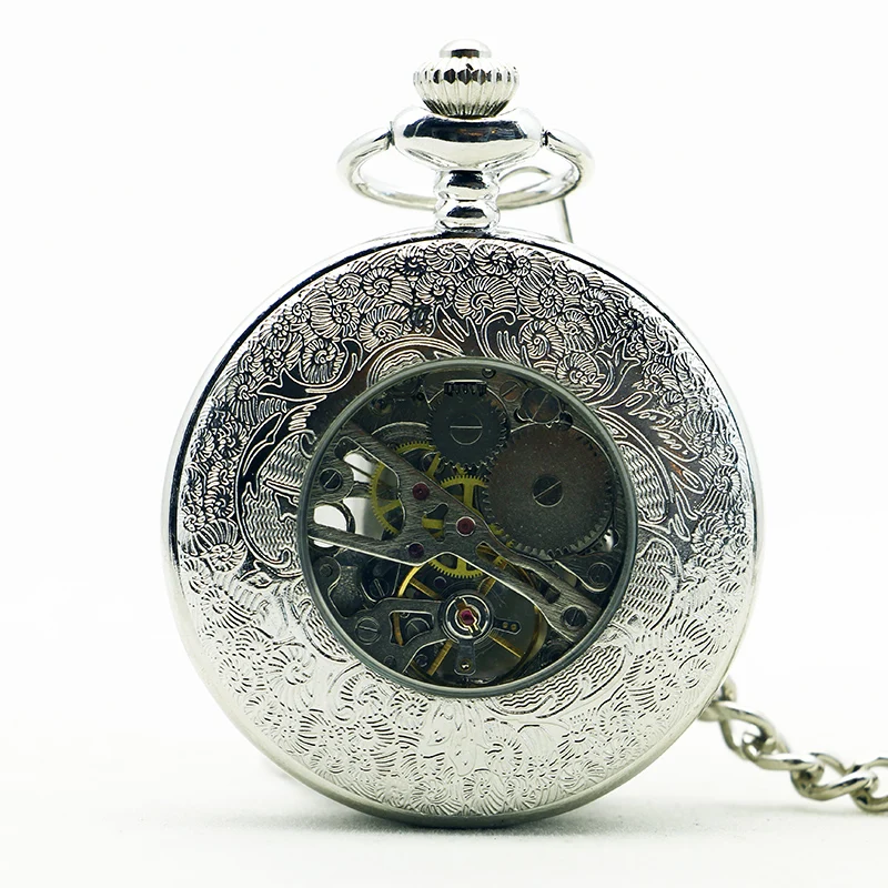 Silver Clamshell Hand Wind Mechanical Pocket Watch With Box Men Women Skeleton Gears Watch Gift