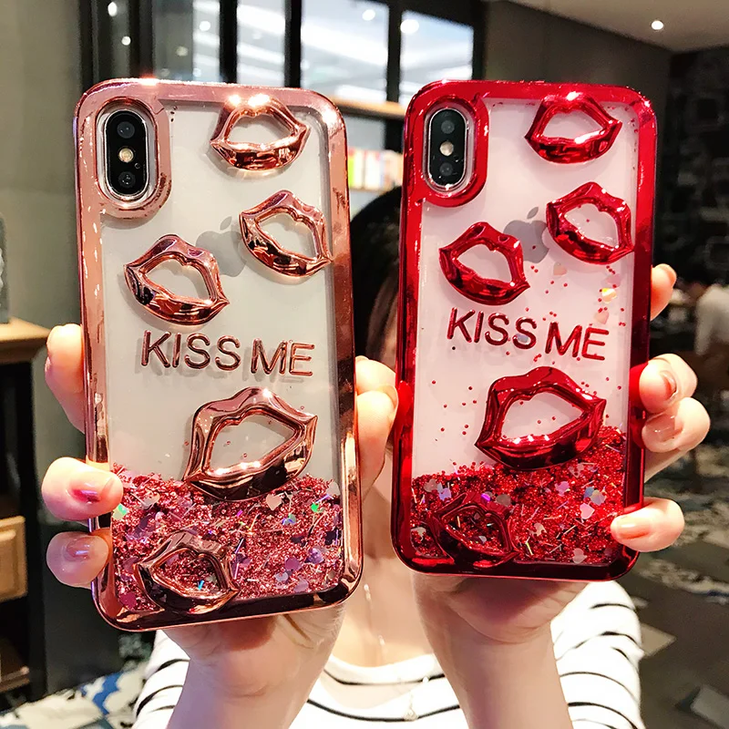 Quicksand Capinha для iPhone 7 8 Plus X Xr Xs Max Dynamic Liquid 3D Kiss чехол 6 S 6s Мягкий силиконовый чехол| |