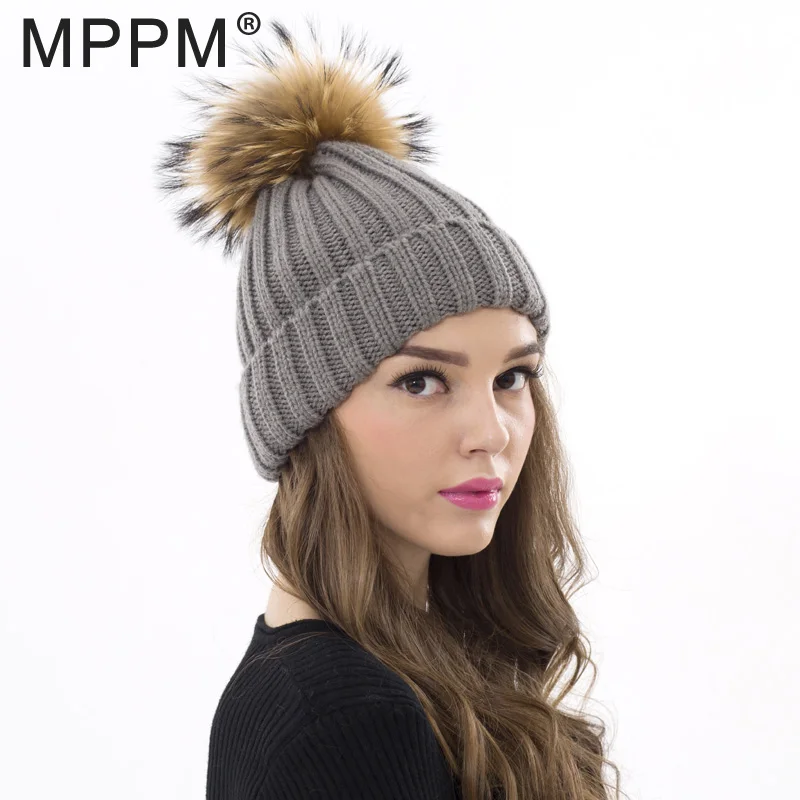 MPPM шапка из натурального меха вязаная с помпоном енота женская зимняя шерстяная