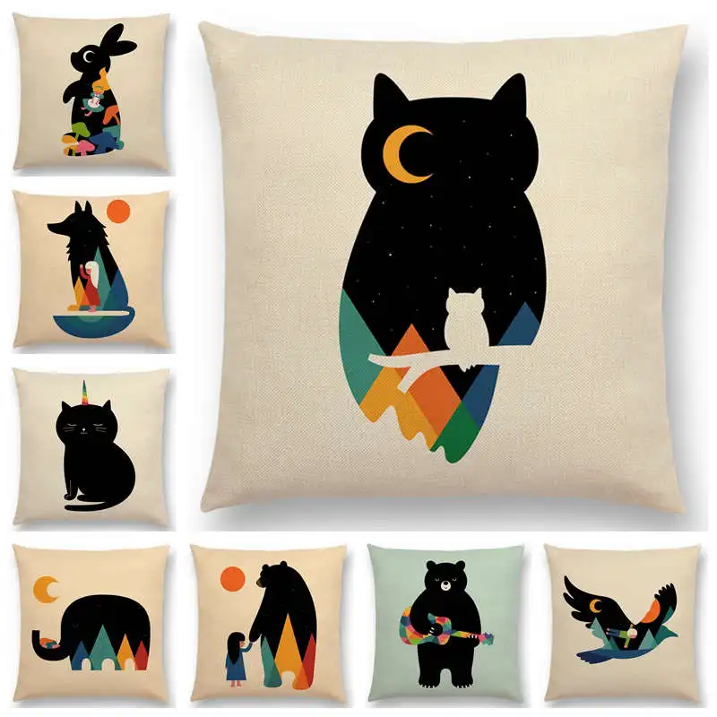 Женская Подушка дневная ночь Солнце Луна дети с животными друзья кролик Сова