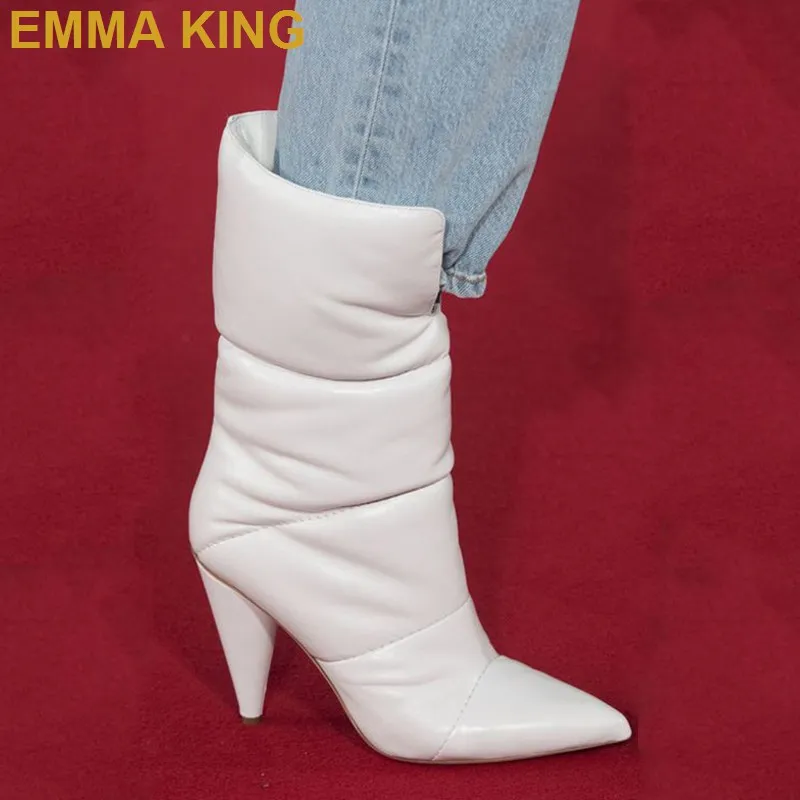 

2019 Winter Warm Chunky White Boots Women Pointed Toe Spike Heeled Mid-calf Boots Runway Shoes Ladies Slip On Booties Large Size