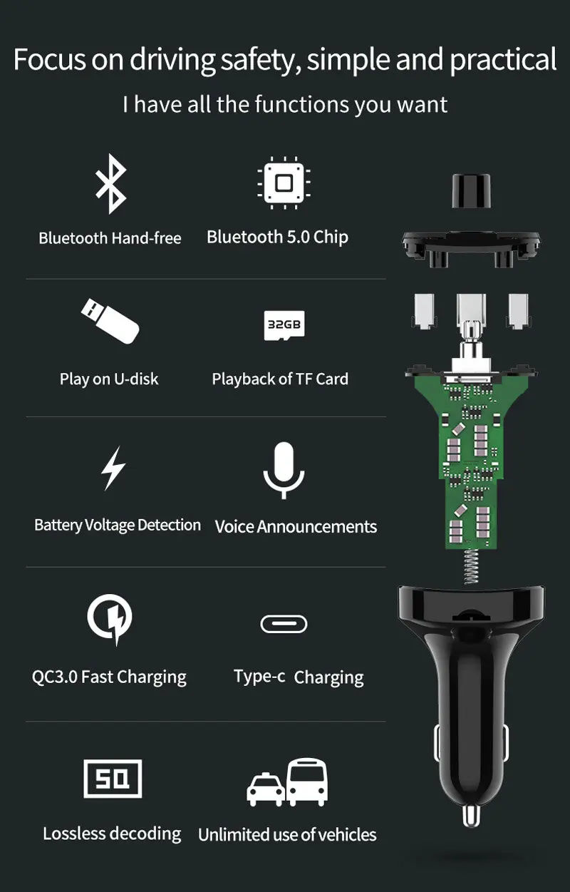 Tikigogo QC3.0 Quick Charge type-C 3 USB Автомобильное зарядное устройство Handsfree Bluetooth автомобильный комплект Google Assistant fm-передатчик автомобильный mp3-плеер