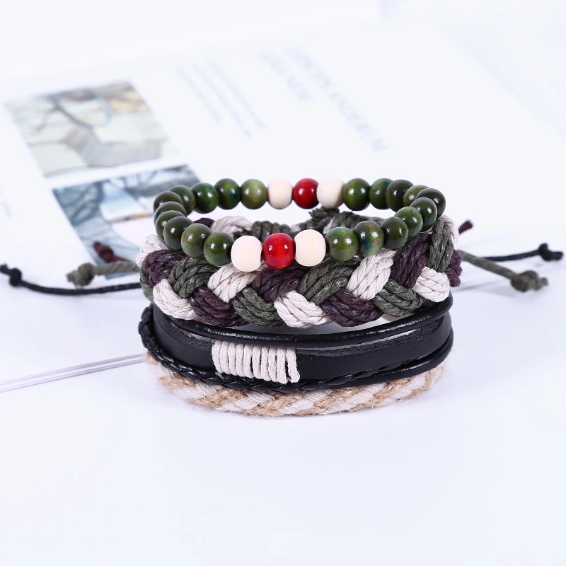 4 шт./компл. хиппи панк черный кожаный темно-зеленый бежевый Шнур узлы деревянные