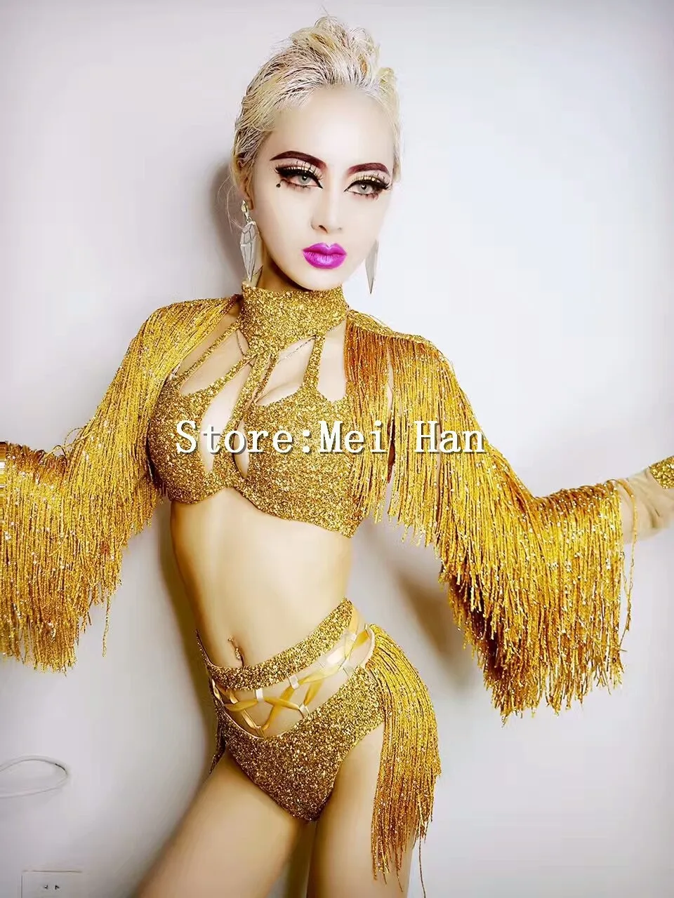 

Fashion Glisten 6 Colors Shining Bra Short Outfit Women Sexy Party Tassel Sequins Costumes Stage Dance Nightclub Party Bikini