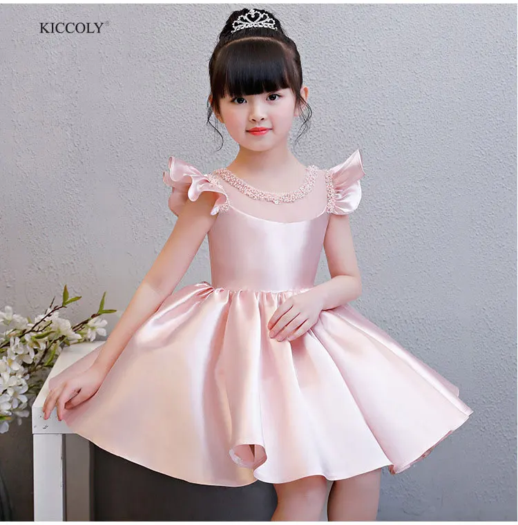 Pink KICCOLY/Коллекция года; элегантное платье для маленьких девочек; летнее платье из тюля с круглым вырезом и бисером для девочек; розовое платье без рукавов; одежда принцессы с большим бантом - Цвет: Pink