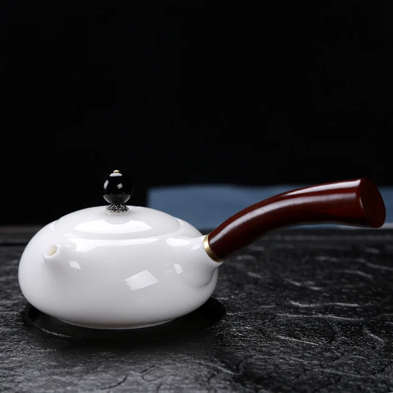 Dehua suet jade white porcelain Chinese household solid wood side teapot handmade health | Дом и сад