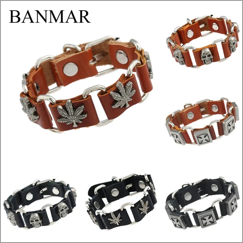 Banmar женский мужской пряжкой из натуральной коровьей Кожаные браслеты черепа
