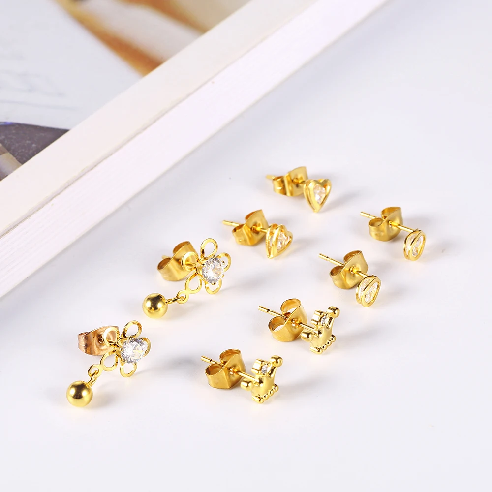 Женские серьги гвоздики из нержавеющей стали OUFEI в форме сердца с короной и