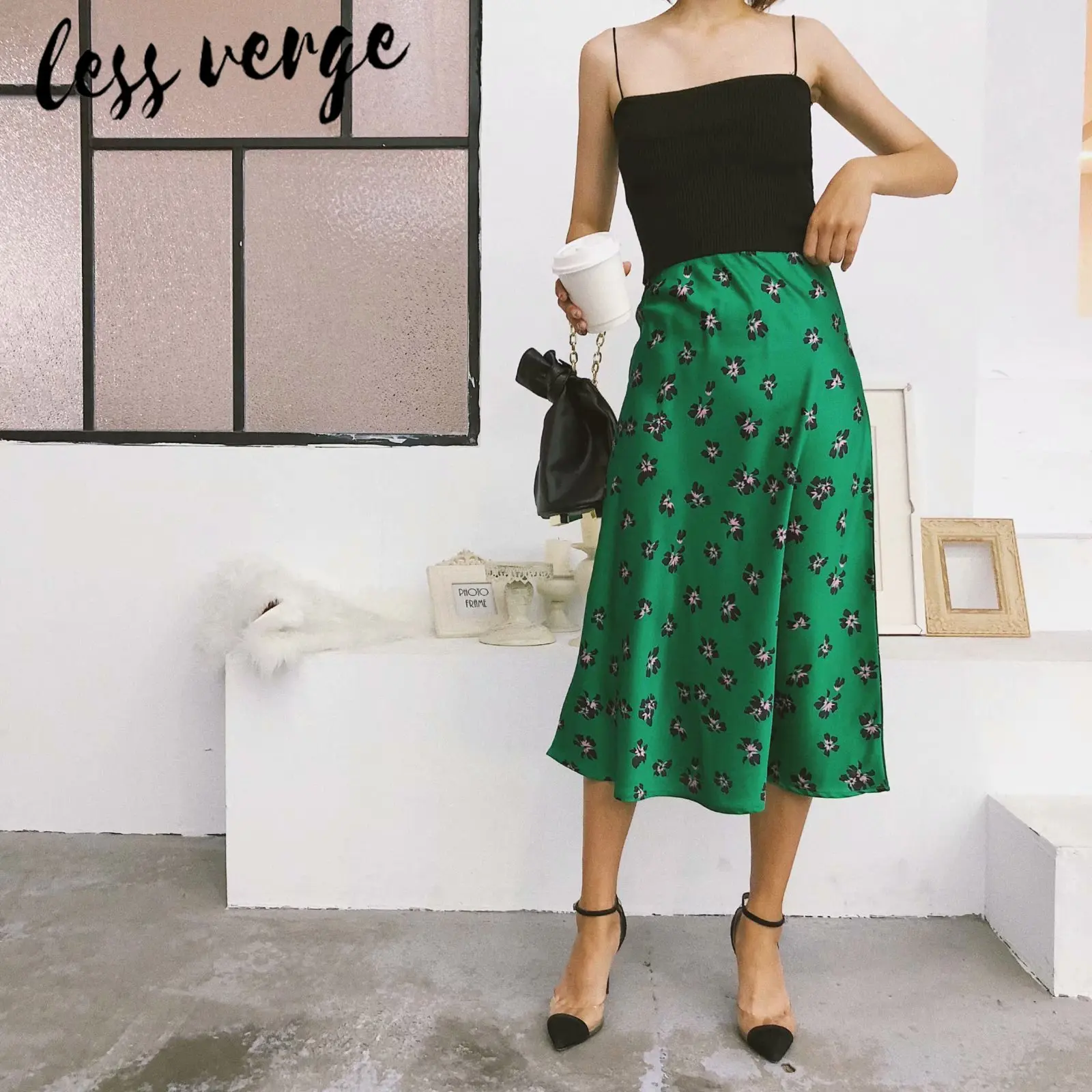 Lessverge зеленая Цветочная миди юбка с высокой талией Женская атласная Винтажная