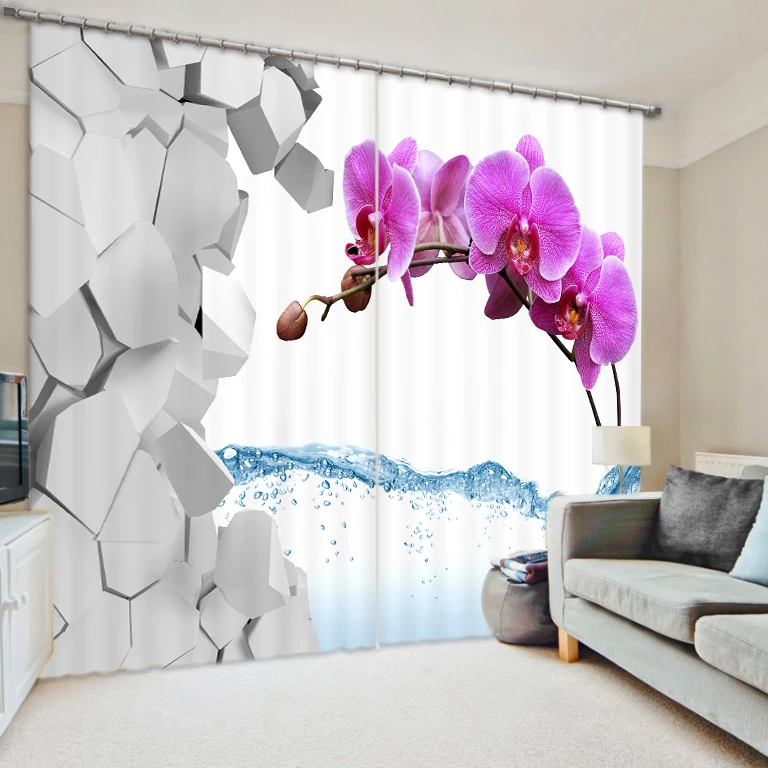 

3D Printing Collapse Wall With Water And Flower Curtains With Bedding Room Living Room Cortians Thick Sunshade Window Curtains