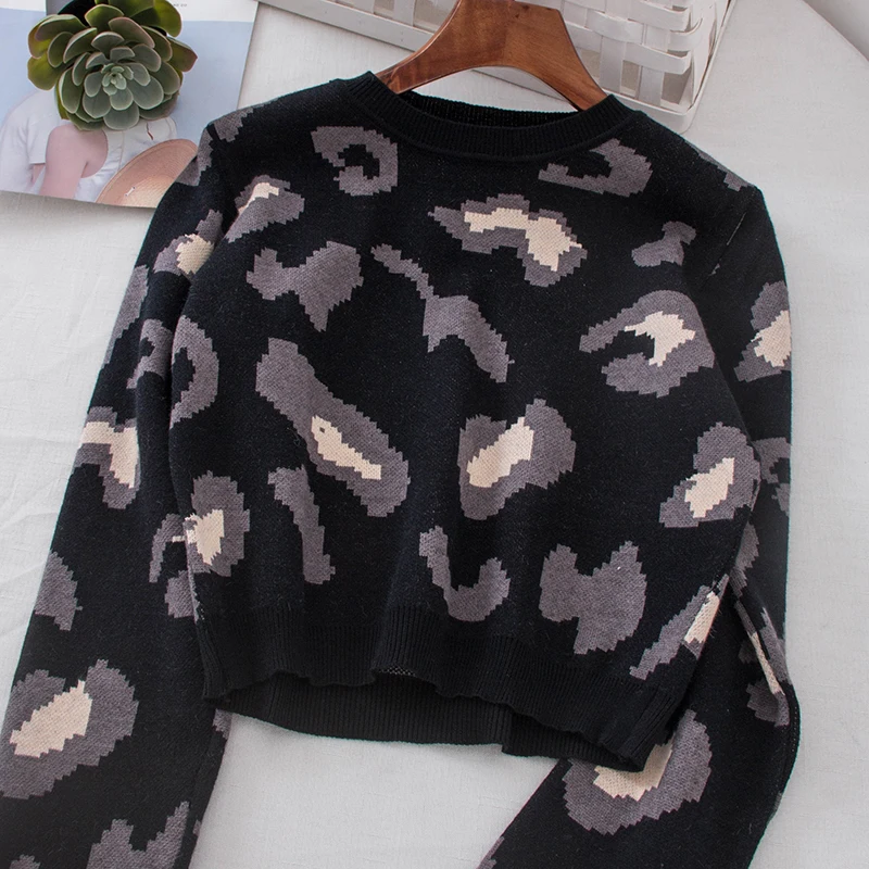 2019 Autumn Winter Women Sweater Short Pullover Knitted Leopard O-Neck Long Sleeve Fashion Casual Loose jumpers ladies | Женская одежда