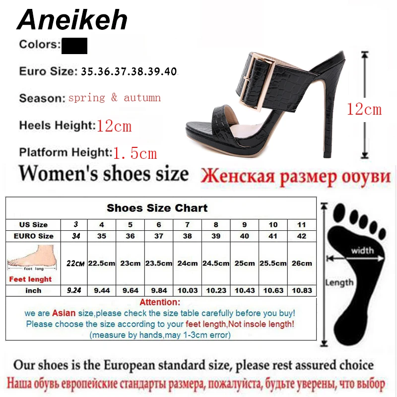Aneikeh 2023 Classic PU Summer Slippers Women Slip-on Thin High Heel Round Toe Buckle Strap Shallow Party Black Solid Size 35-40