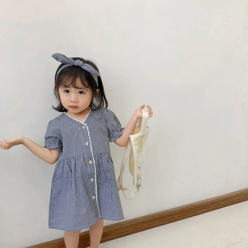 2019 Spring New Arrival korean style cotton plaid short sleeve princess dress with headband for cute sweet baby girls | Детская одежда