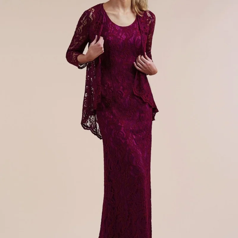 

Elegant Wine Red Mother of the Bride Dresses with Jacket Lace Floor Length Mother's Wedding Guest Dress