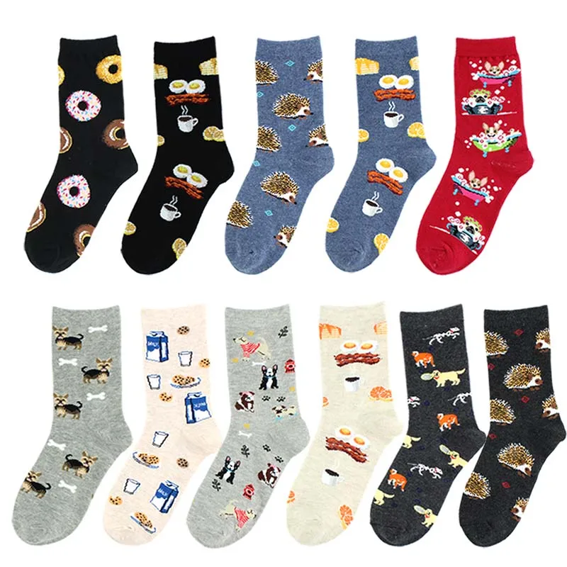 Casual Cotton women Colorful Cartoon animal Food snack Pattern Socks Harajuku Jacquard Street Hip Hop Funny Happy | Женская одежда