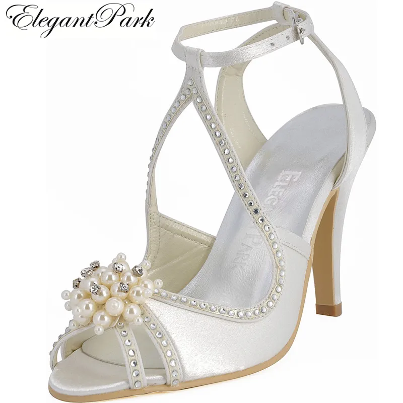 Летние босоножки женские свадебные туфли цвета слоновой кости с жемчугом