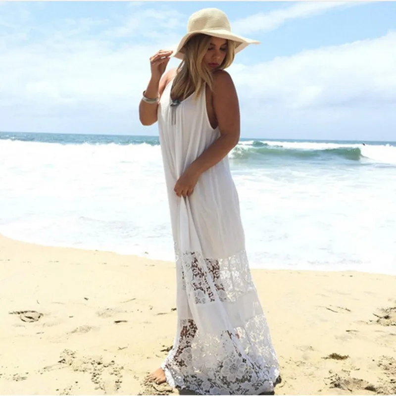 

2019 Summer Sexy Beach Dress Women Sleeveless Casual Long Dresses White Black Robe Female V-neck Lace Stitching Plus Size Dress