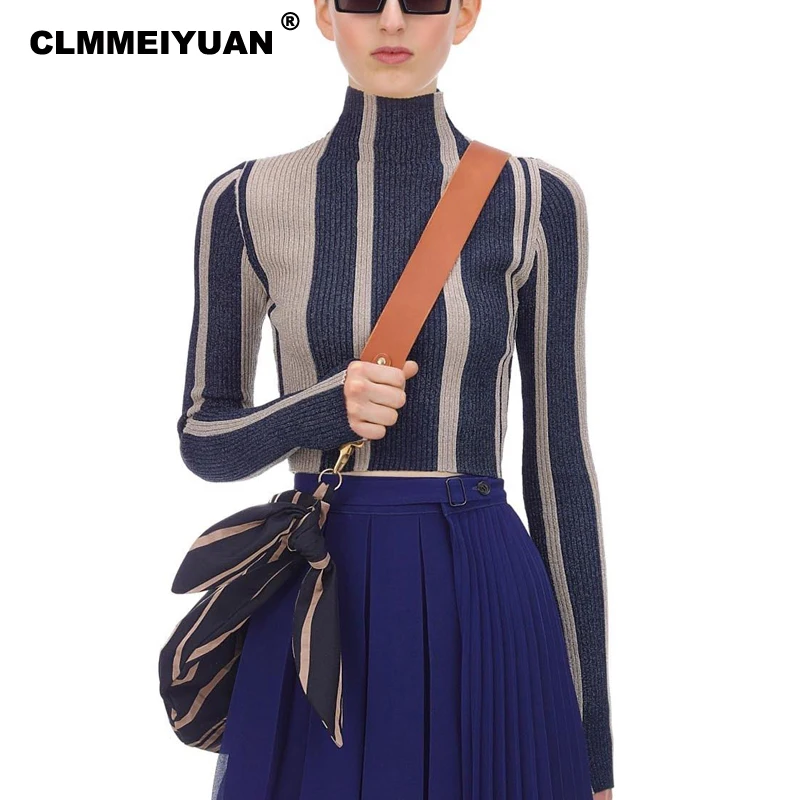 Подиумная полосатая трикотажная укороченная кофта женский элегантный водолазка