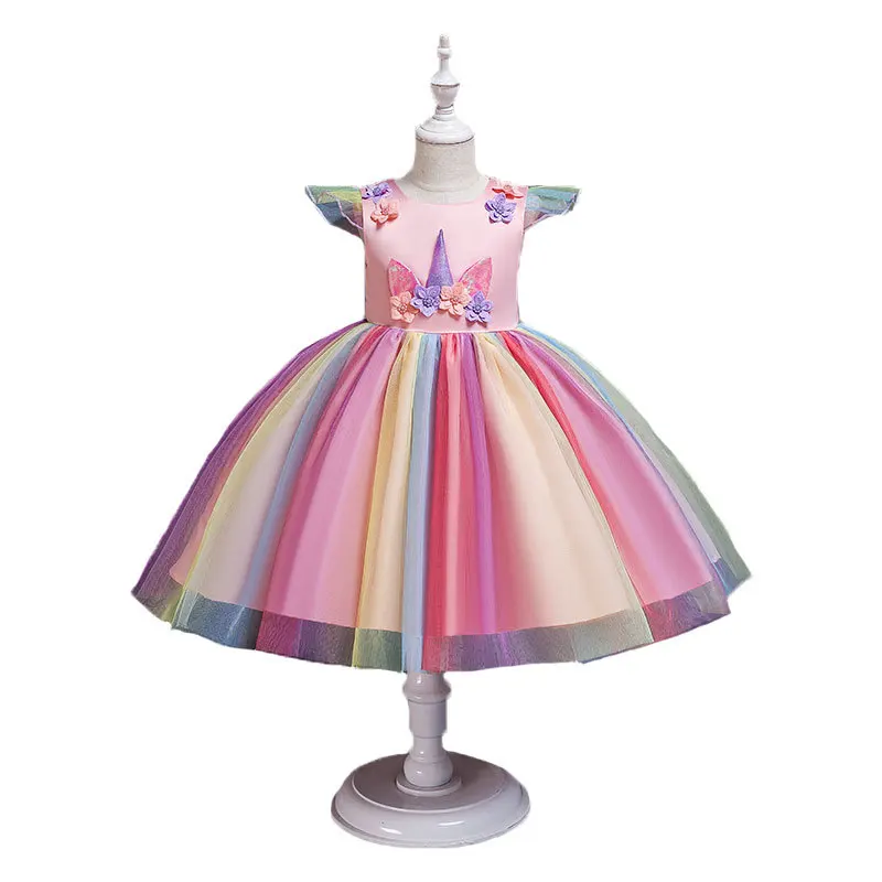 2019 Girls Unicorn Dress Children Cotton Flower Kids Tutu Wedding Princess Rainbow Outfits Costume | Детская одежда и обувь