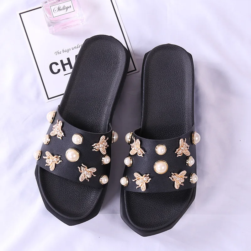 

Сланцы женские на плоской подошве, летние шлепанцы на платформе, Нескользящие, без застежки, плоская подошва, пчелиный жемчуг, с заклепками