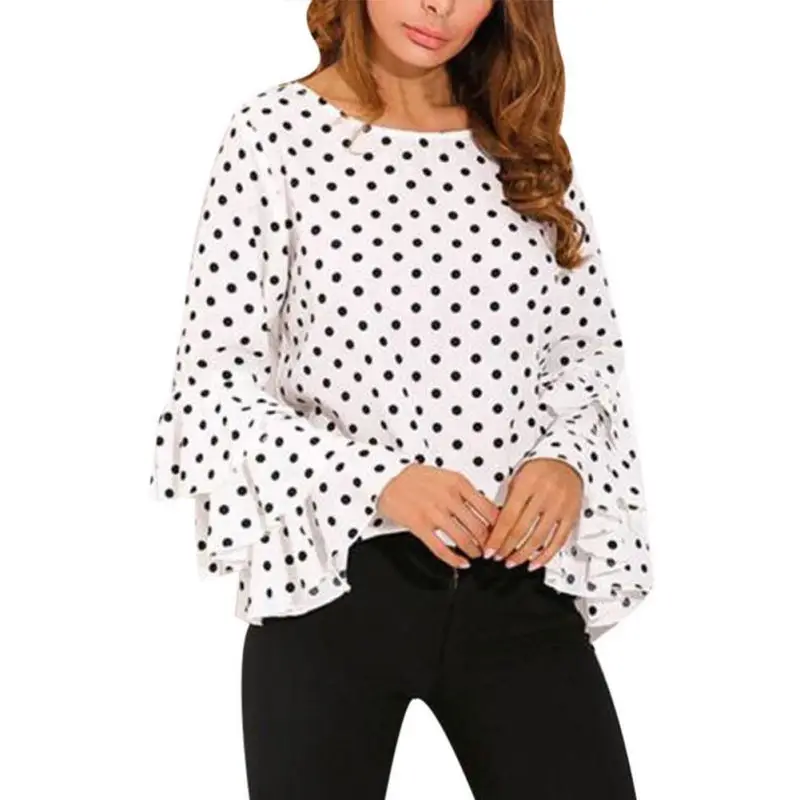 

Women Blusas Polka Dot Print Flare Sleeve Shirts O-neck Long Sleeve Chiffon Blouse Tops Korean White Black Blouse